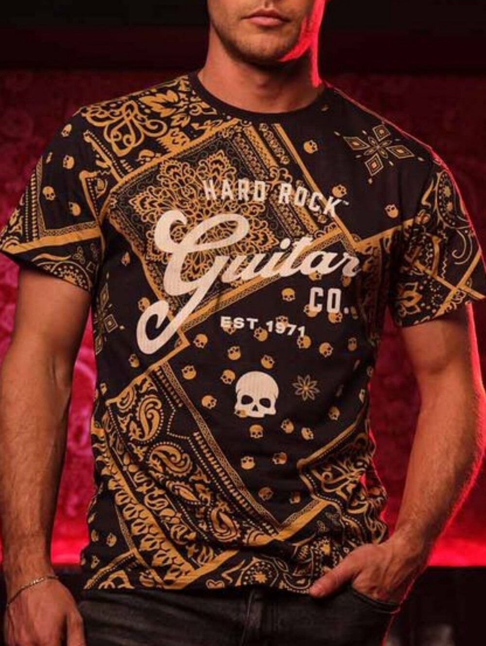 Guitar Company Adult Fit Crewneck Tee with Skull Bandana Print